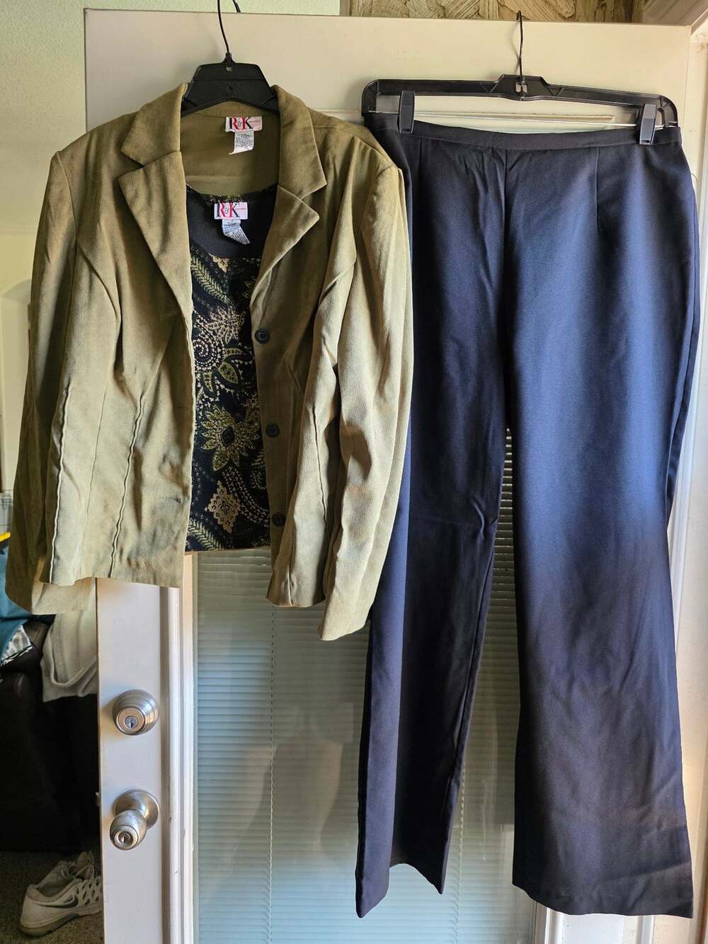 R&K Originals 3-Piece Outfit Set Size 14 Olive Green Sueded Jacket Tank Pants